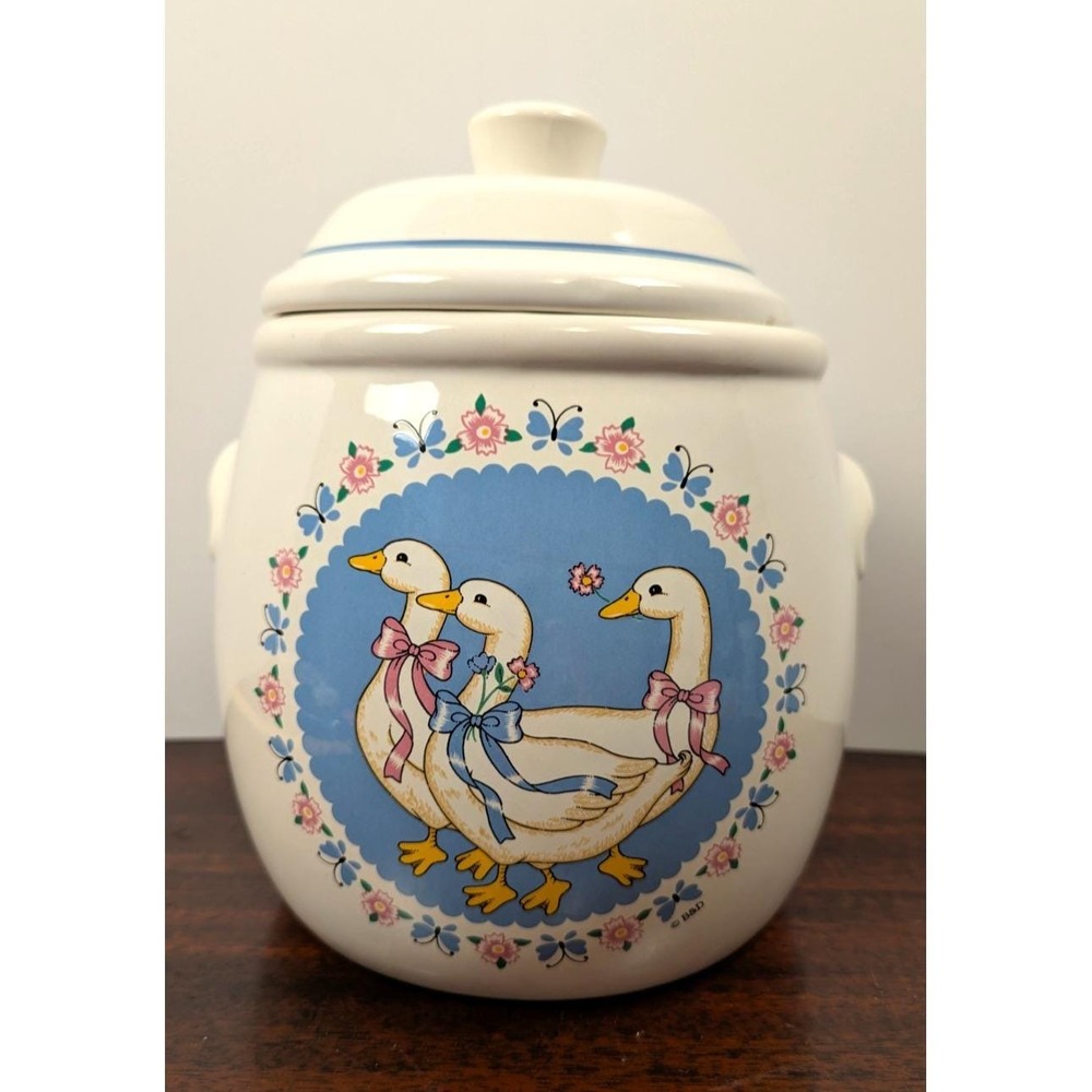 Vintage B&D Geese Ceramic Cookie Jar Blue Pink Floral Country Kitchen 10"